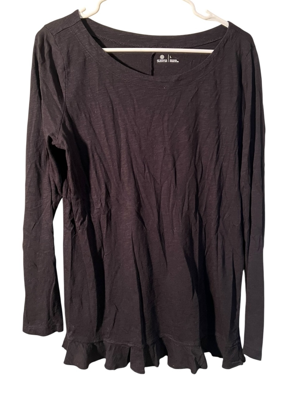 Susina Womens Size Large Long Sleeve T-Shirt Black Burnout Ruffle Hem Semi-Sheer